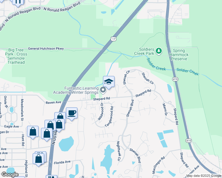 map of restaurants, bars, coffee shops, grocery stores, and more near 1600 Shepard Road in Winter Springs