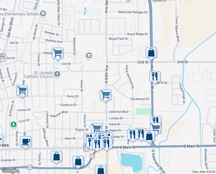 map of restaurants, bars, coffee shops, grocery stores, and more near 895 North Bibb Avenue in Eagle Pass