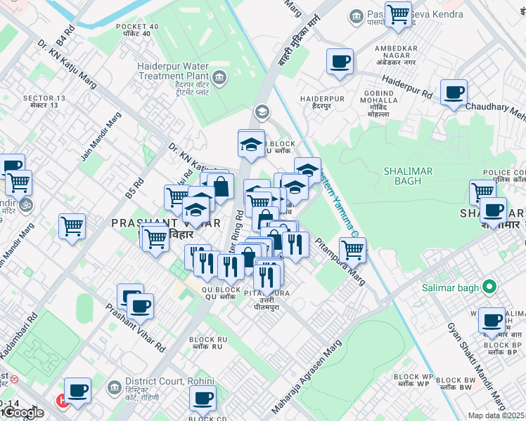 map of restaurants, bars, coffee shops, grocery stores, and more near in Delhi
