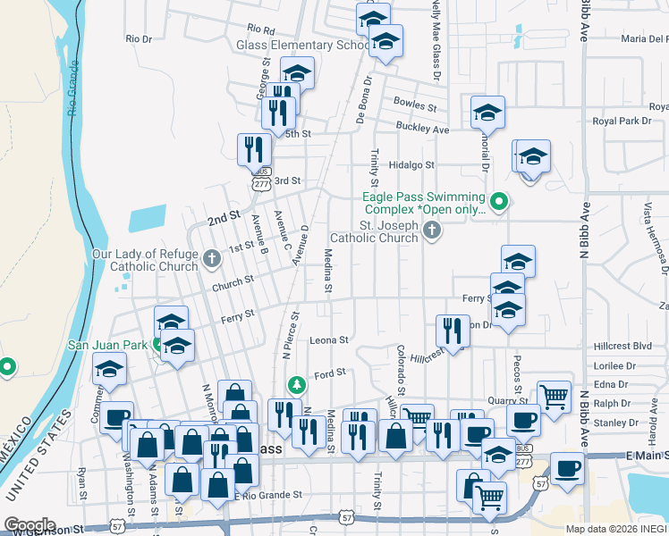 map of restaurants, bars, coffee shops, grocery stores, and more near 744 Medina Street in Eagle Pass