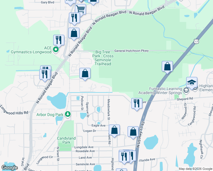 map of restaurants, bars, coffee shops, grocery stores, and more near 760 Meadowlark Court in Longwood