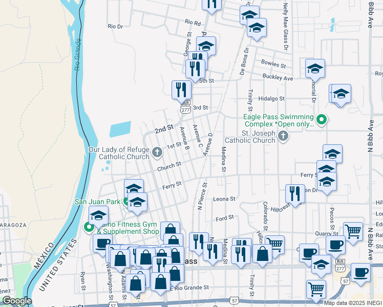 map of restaurants, bars, coffee shops, grocery stores, and more near 872 Avenue B in Eagle Pass