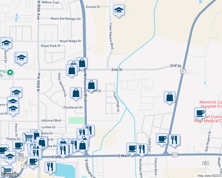 map of restaurants, bars, coffee shops, grocery stores, and more near 2625 Fox Place Drive in Eagle Pass