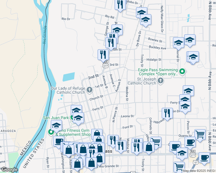 map of restaurants, bars, coffee shops, grocery stores, and more near 872 Avenue B in Eagle Pass
