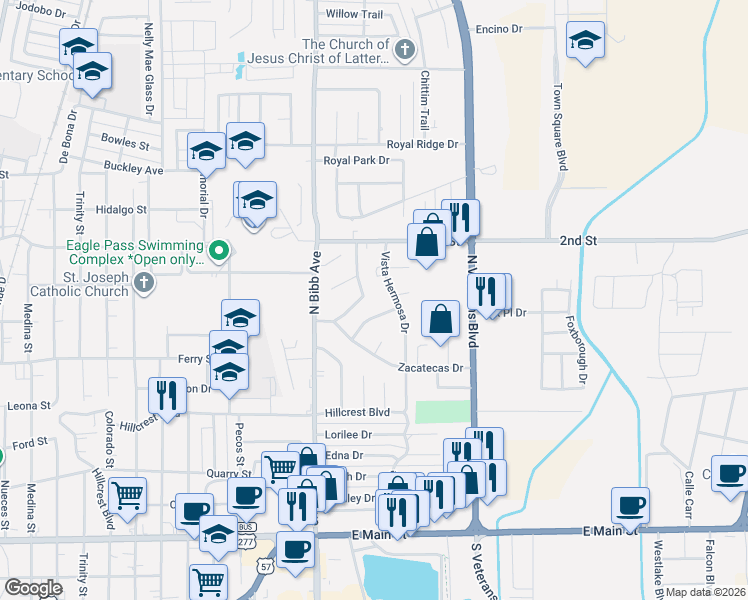 map of restaurants, bars, coffee shops, grocery stores, and more near 2293 Acapulco Drive in Eagle Pass