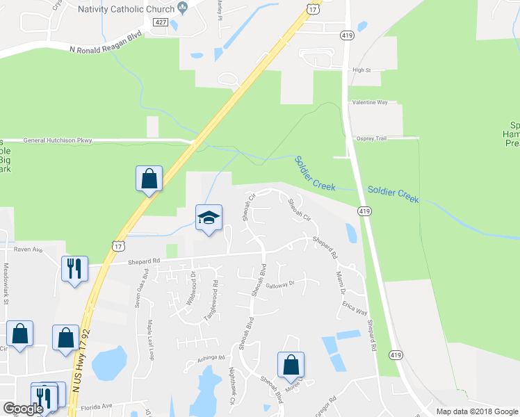 map of restaurants, bars, coffee shops, grocery stores, and more near 845 Dunbar Drive in Winter Springs