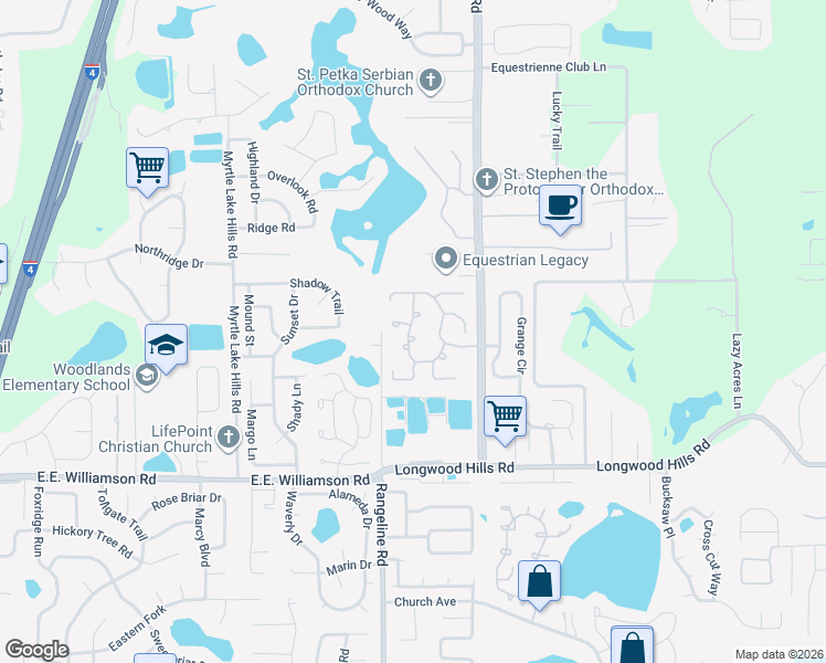 map of restaurants, bars, coffee shops, grocery stores, and more near 1705 Torrington Circle in Longwood