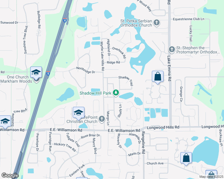 map of restaurants, bars, coffee shops, grocery stores, and more near 105 Hilltop Drive in Longwood