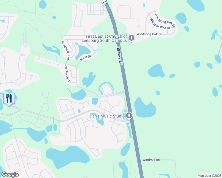 map of restaurants, bars, coffee shops, grocery stores, and more near 25501 U.S. 27 in Leesburg
