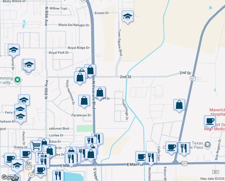 map of restaurants, bars, coffee shops, grocery stores, and more near 2556 Fox Place Drive in Eagle Pass