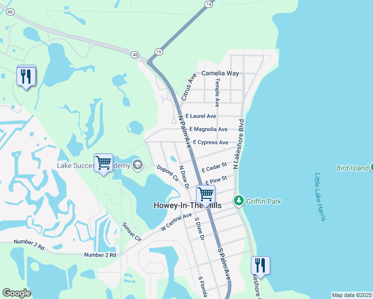 map of restaurants, bars, coffee shops, grocery stores, and more near 507 North Palm Avenue in Howey-in-the-Hills