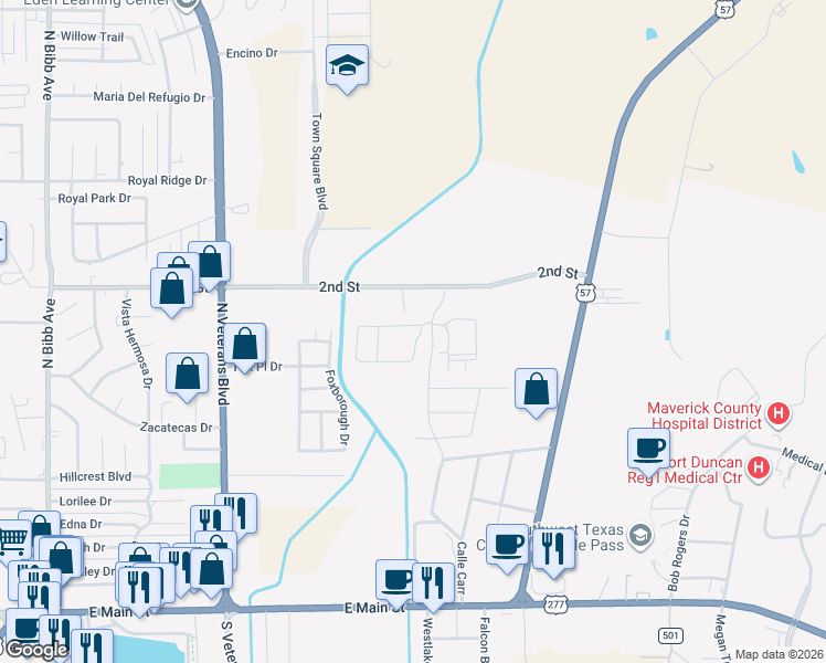map of restaurants, bars, coffee shops, grocery stores, and more near 2640 Chapote Loop in Eagle Pass