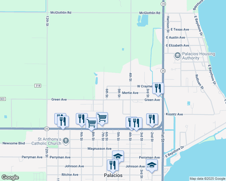map of restaurants, bars, coffee shops, grocery stores, and more near 517 West Craymer Avenue in Palacios