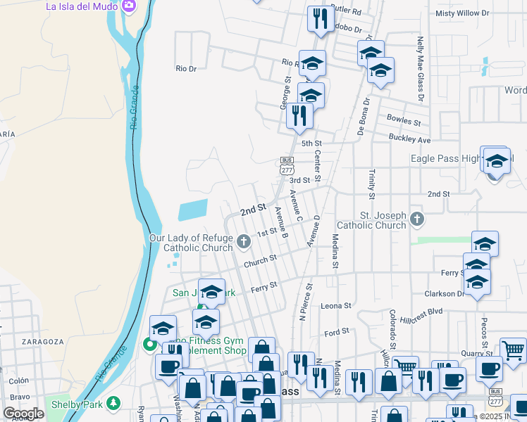 map of restaurants, bars, coffee shops, grocery stores, and more near 992 Avenue A in Eagle Pass