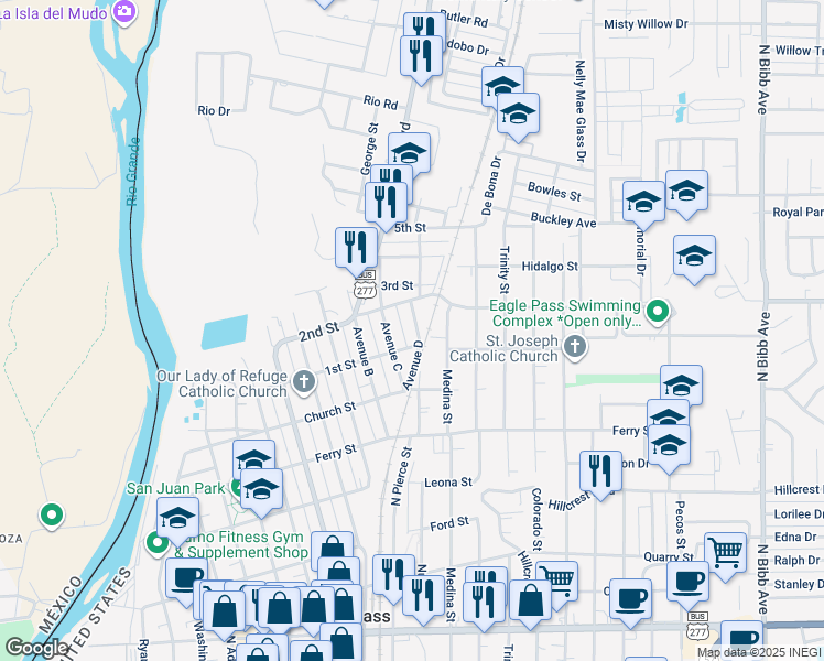 map of restaurants, bars, coffee shops, grocery stores, and more near 939 Avenue D in Eagle Pass