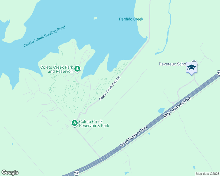 map of restaurants, bars, coffee shops, grocery stores, and more near Coleto Creek Park Road in Victoria