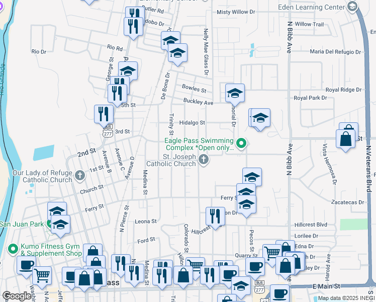 map of restaurants, bars, coffee shops, grocery stores, and more near 951 Colorado Street in Eagle Pass