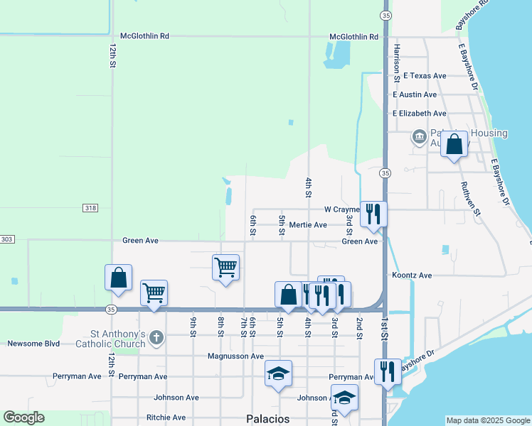 map of restaurants, bars, coffee shops, grocery stores, and more near 517 West Craymer Avenue in Palacios