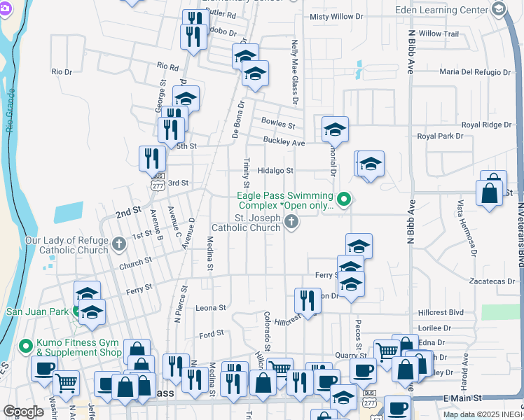 map of restaurants, bars, coffee shops, grocery stores, and more near 951 Colorado Street in Eagle Pass