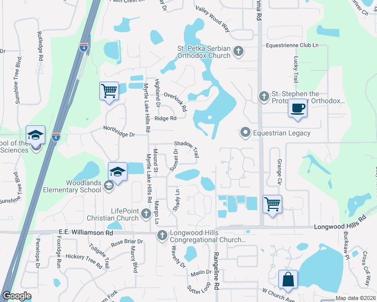 map of restaurants, bars, coffee shops, grocery stores, and more near 132 Sunrise Court in Longwood