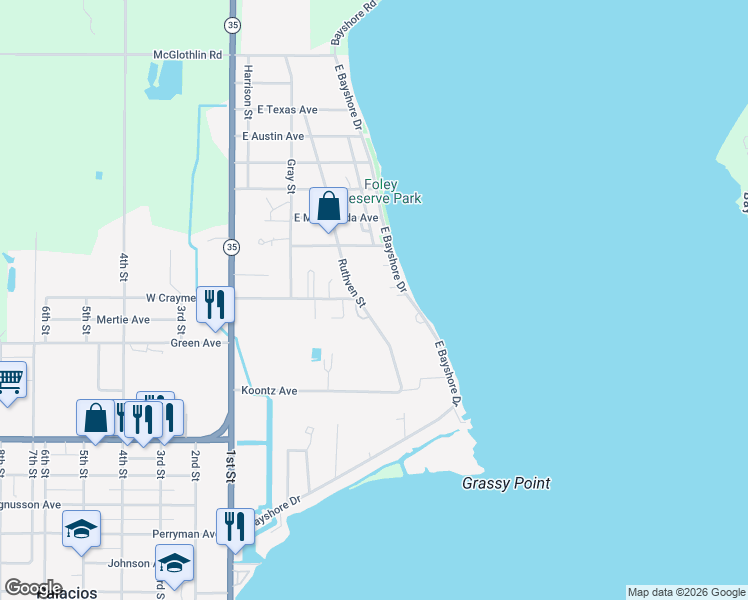 map of restaurants, bars, coffee shops, grocery stores, and more near 1703 East Bayshore Drive in Palacios