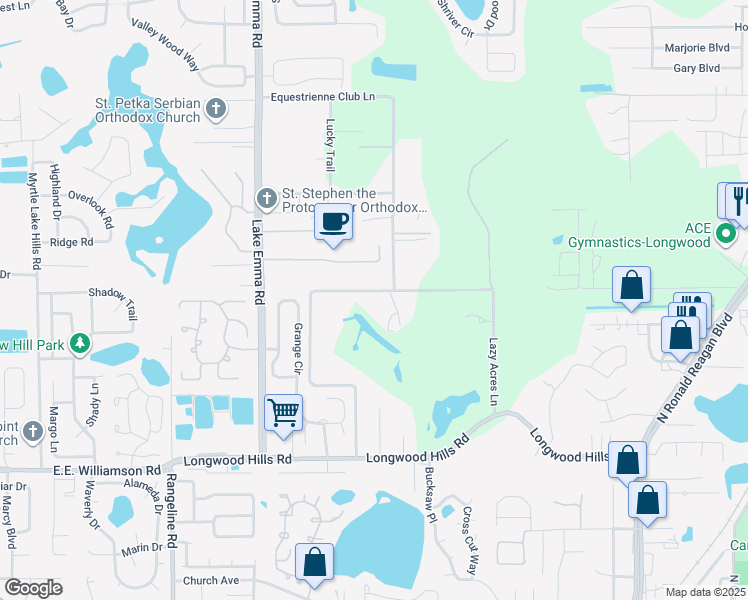 map of restaurants, bars, coffee shops, grocery stores, and more near 315 Lazy Acres Lane in Longwood