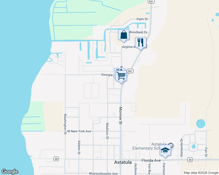 map of restaurants, bars, coffee shops, grocery stores, and more near 25608 Madison Street in Astatula