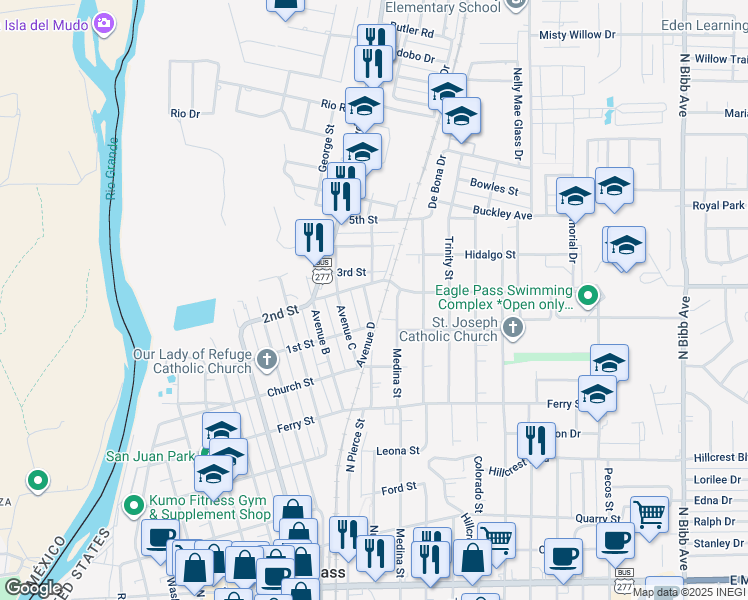 map of restaurants, bars, coffee shops, grocery stores, and more near 939 Avenue D in Eagle Pass
