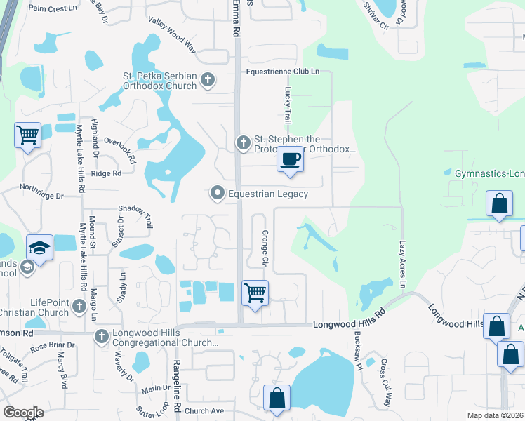map of restaurants, bars, coffee shops, grocery stores, and more near 1719 Grange Circle in Longwood