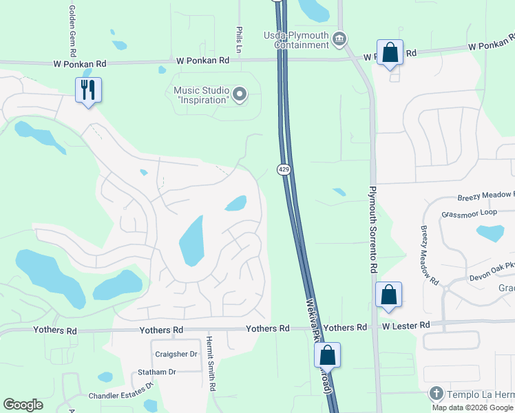 map of restaurants, bars, coffee shops, grocery stores, and more near 3327 Overlook Road in Zellwood