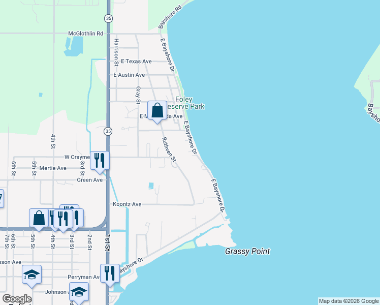 map of restaurants, bars, coffee shops, grocery stores, and more near 1703 East Bayshore Drive in Palacios