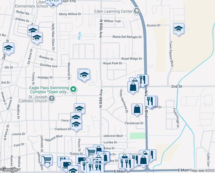 map of restaurants, bars, coffee shops, grocery stores, and more near 2nd Street in Eagle Pass