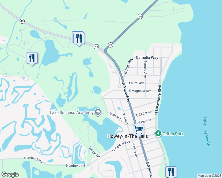 map of restaurants, bars, coffee shops, grocery stores, and more near 112 West Magnolia Avenue in Howey-in-the-Hills