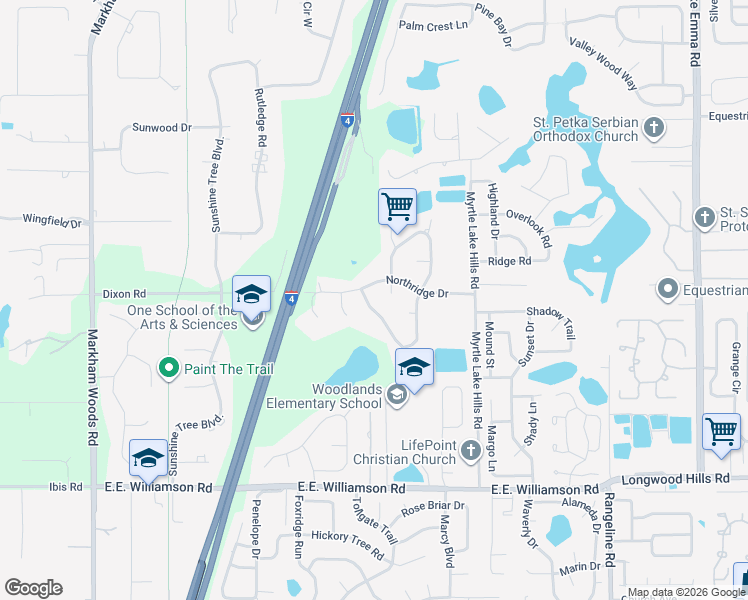 map of restaurants, bars, coffee shops, grocery stores, and more near 1495 Ridge Lake Court in Longwood