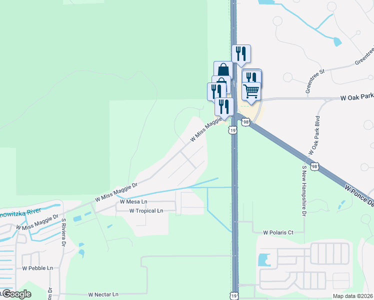 map of restaurants, bars, coffee shops, grocery stores, and more near 7459 West Miss Maggie Drive in Homosassa