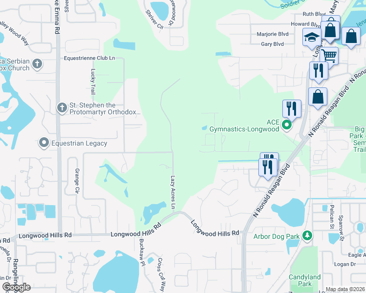map of restaurants, bars, coffee shops, grocery stores, and more near 1805 Meadowbend Drive in Longwood