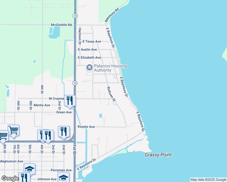 map of restaurants, bars, coffee shops, grocery stores, and more near 1711 Ruthven Street in Palacios