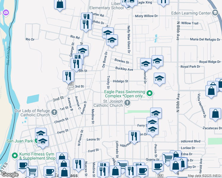map of restaurants, bars, coffee shops, grocery stores, and more near 1057 Colorado Street in Eagle Pass