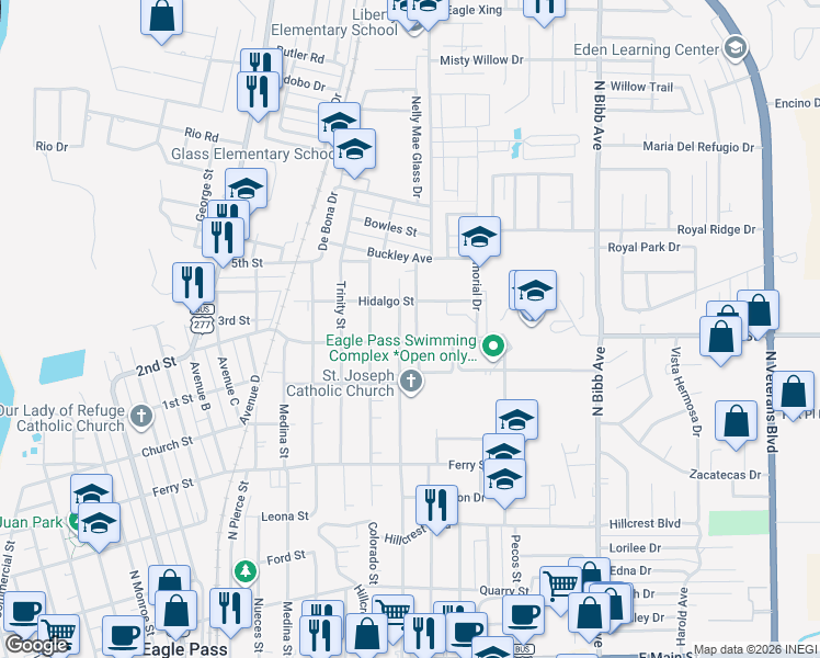 map of restaurants, bars, coffee shops, grocery stores, and more near 1048 North Comal Street in Eagle Pass