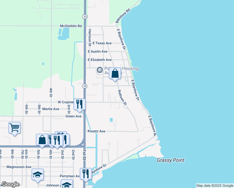 map of restaurants, bars, coffee shops, grocery stores, and more near 1711 Ruthven Street in Palacios