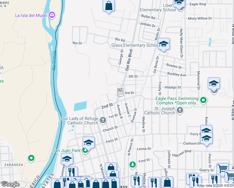 map of restaurants, bars, coffee shops, grocery stores, and more near 1095 Avenue B in Eagle Pass