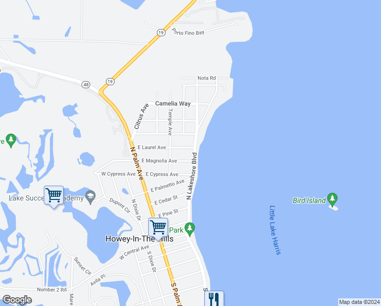 map of restaurants, bars, coffee shops, grocery stores, and more near 705 North Lakeshore Boulevard in Howey-in-the-Hills