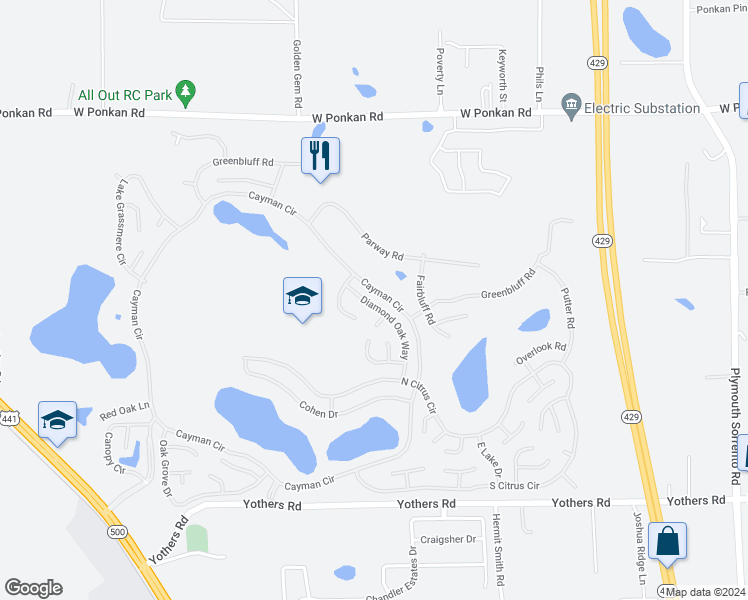 map of restaurants, bars, coffee shops, grocery stores, and more near 3849 Diamond Oak Way in Zellwood