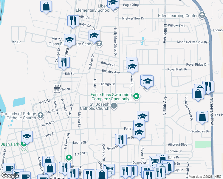 map of restaurants, bars, coffee shops, grocery stores, and more near 1048 North Comal Street in Eagle Pass