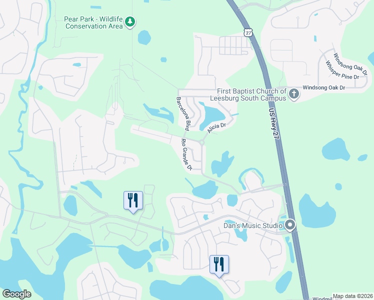 map of restaurants, bars, coffee shops, grocery stores, and more near 25501 U.S. 27 in Leesburg
