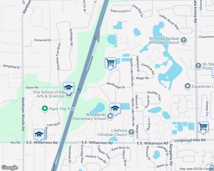 map of restaurants, bars, coffee shops, grocery stores, and more near 1495 Ridge Lake Court in Longwood