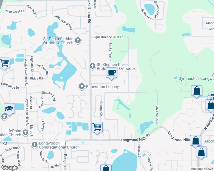 map of restaurants, bars, coffee shops, grocery stores, and more near 395 Brentwood Club Cove in Longwood