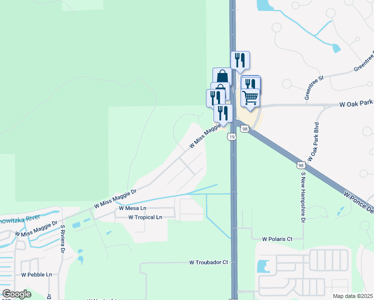 map of restaurants, bars, coffee shops, grocery stores, and more near 7459 West Miss Maggie Drive in Homosassa