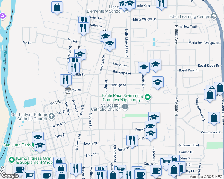 map of restaurants, bars, coffee shops, grocery stores, and more near 1057 Colorado Street in Eagle Pass