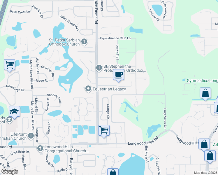map of restaurants, bars, coffee shops, grocery stores, and more near 427 Brentwood Club Cove in Longwood